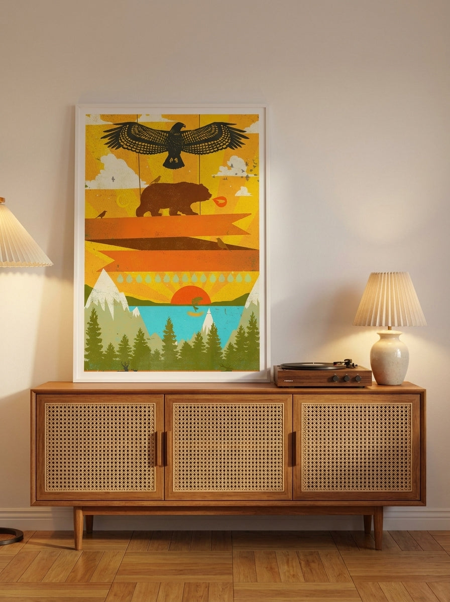 Modern wall art print standing on a sideboard in a mid-century bedroom