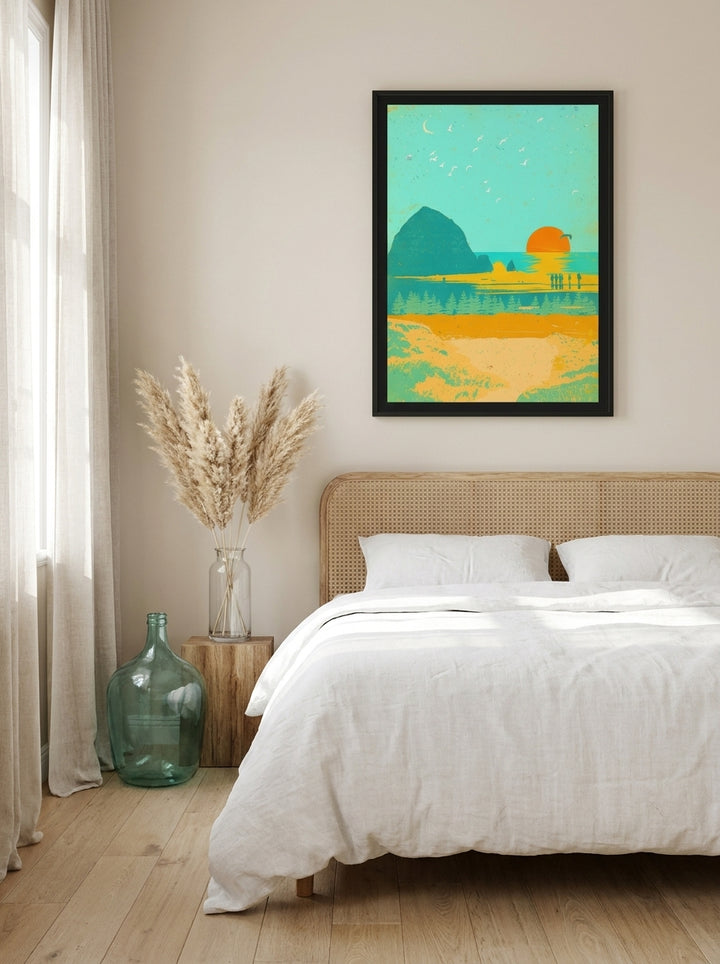 Modern wall art print styled on the wall in a coastal bedroom