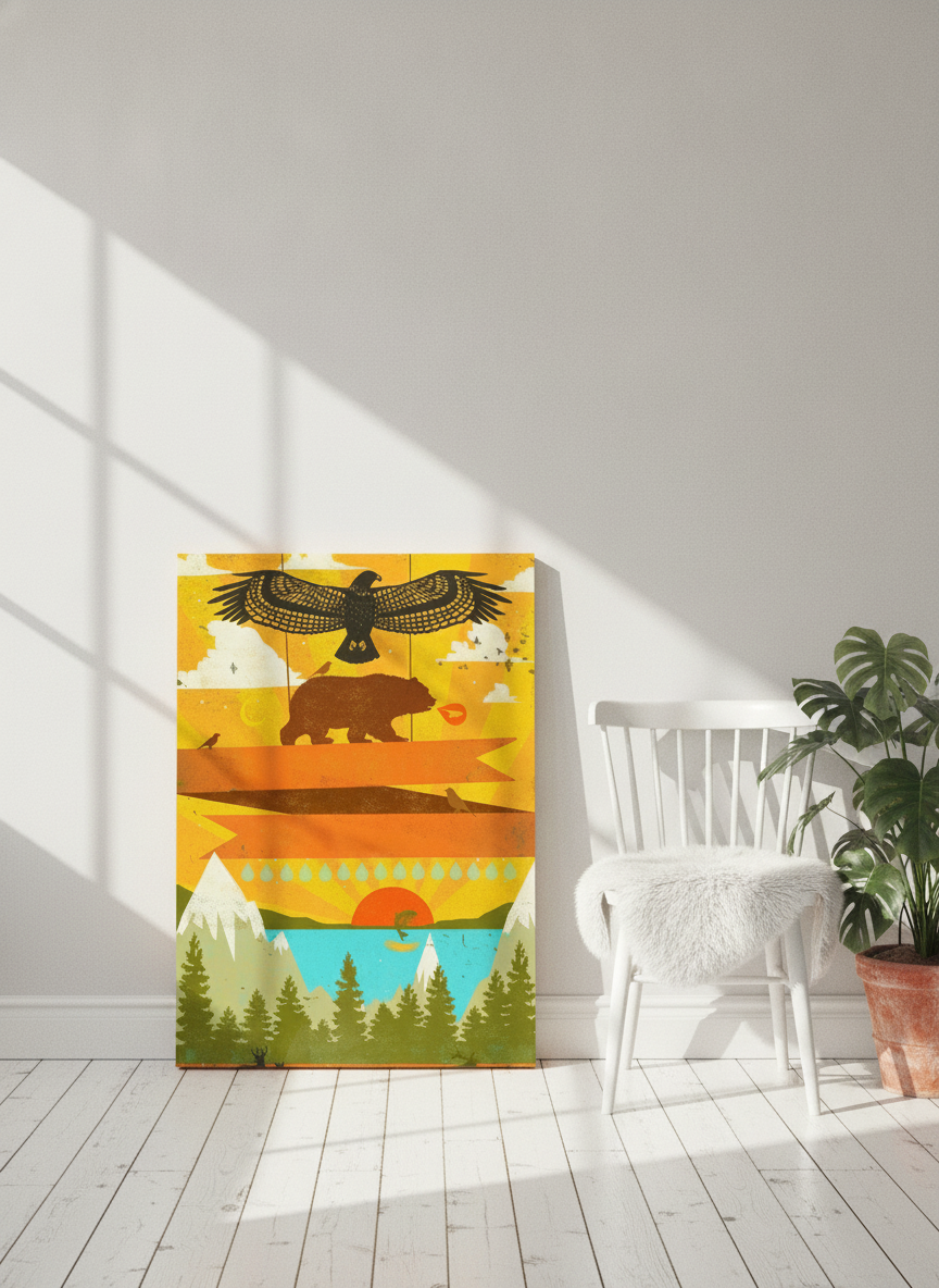 Stretched canvas wall art leaning against the wall in a bright Scandinavian bedroom