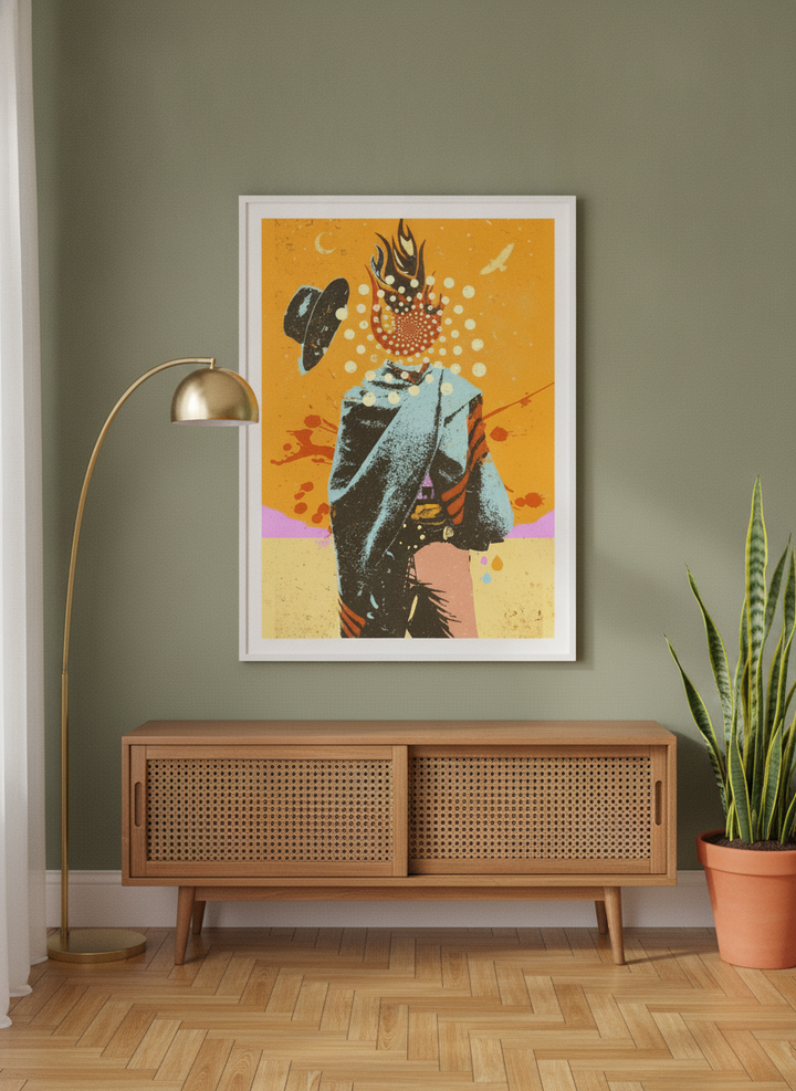 Modern wall art print styled on the wall in a mid-century living room