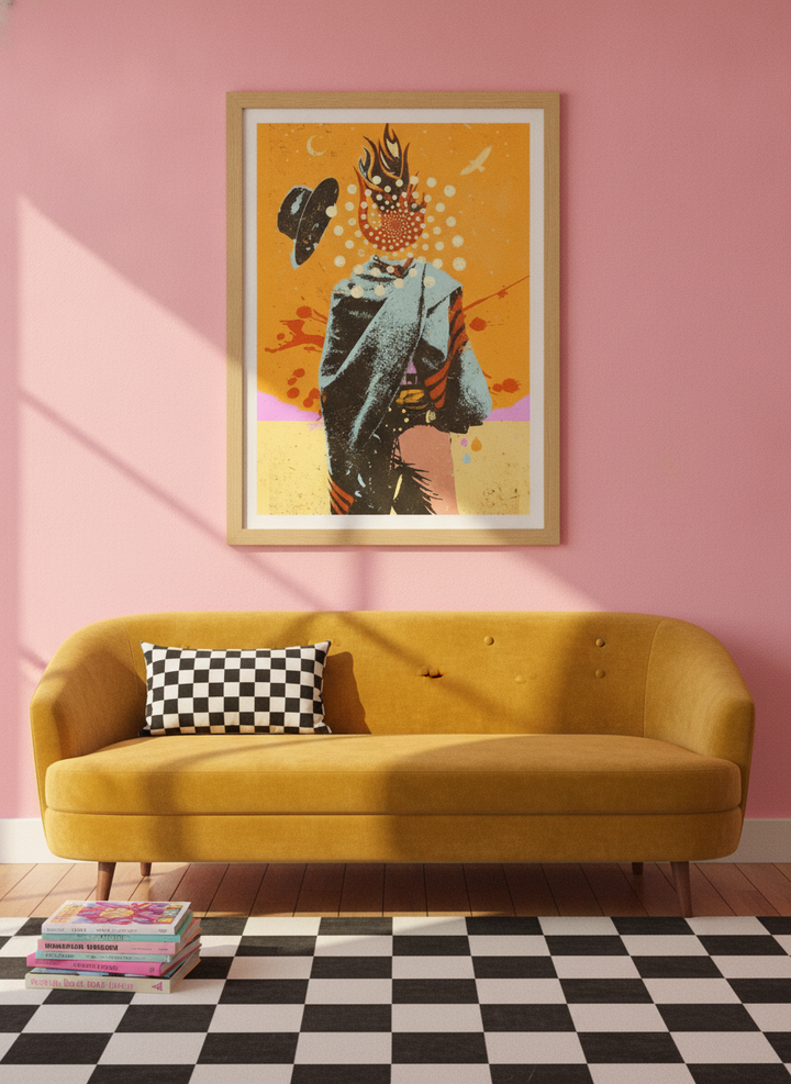 Modern wall art print styled on the wall in a colourful eclectic living room