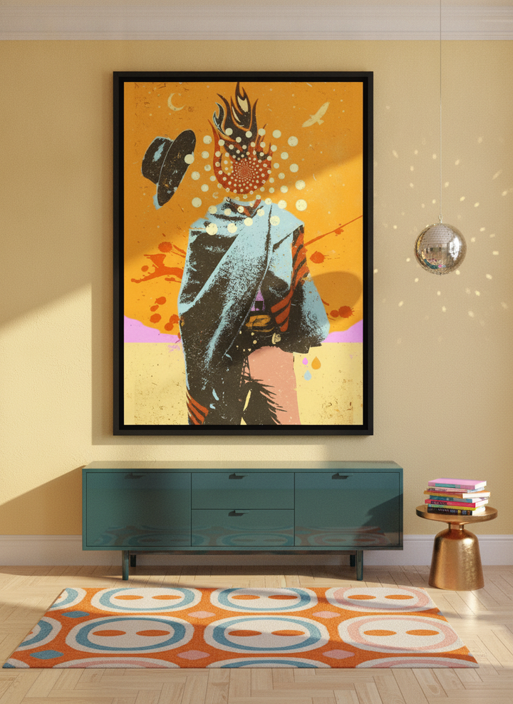 Oversized statement canvas wall art with a black surround styled on the wall in a colourful eclectic living room