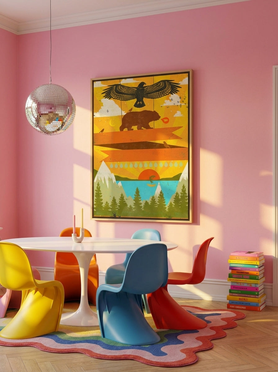 Oversized statement canvas wall art with a natural timber surround styled on the wall in a colourful eclectic dining room