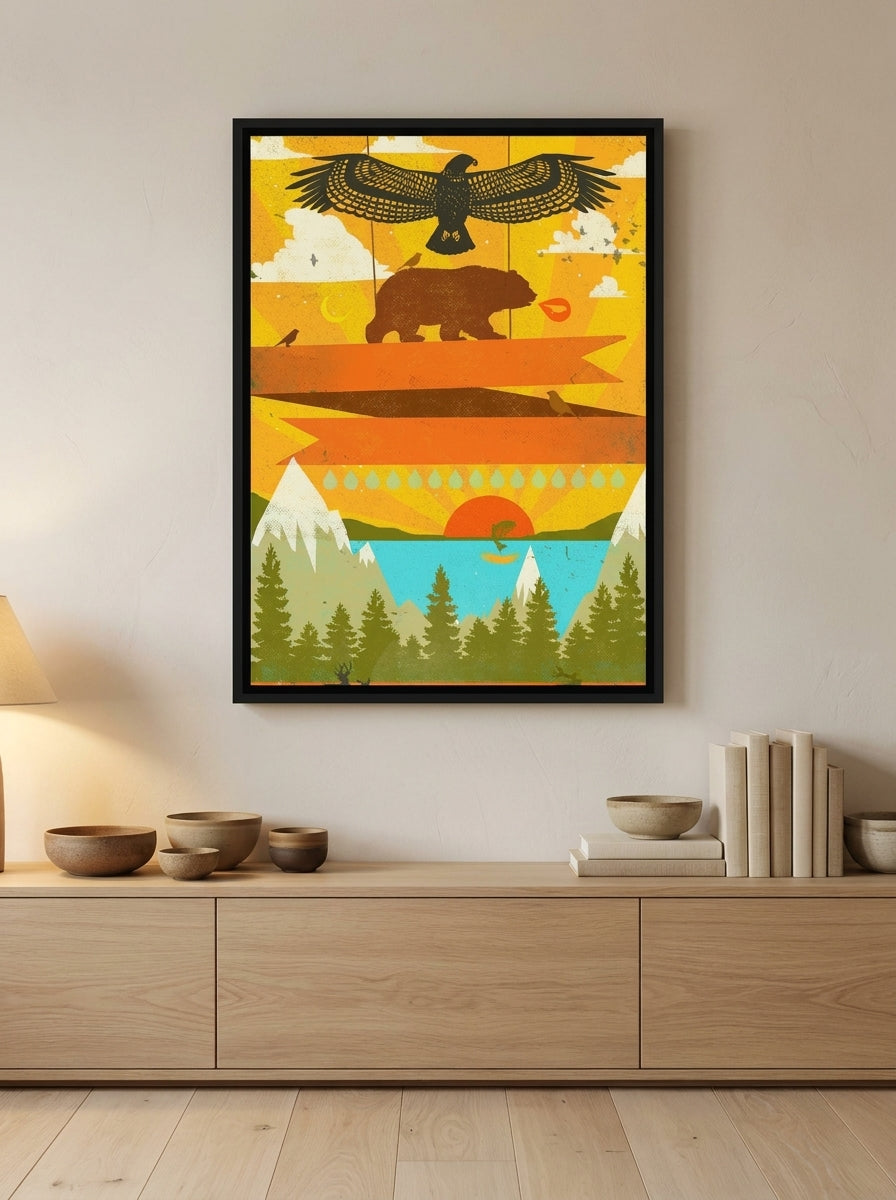Canvas wall art with a black surround styled on the wall in a warm Japandi living room