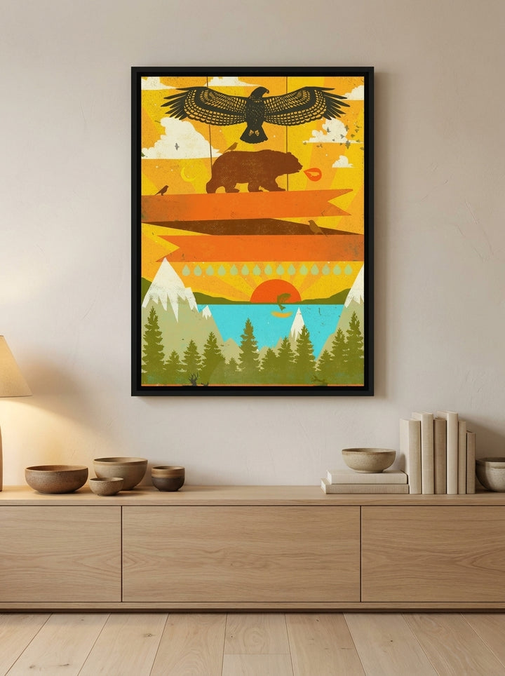 Canvas wall art with a black surround styled on the wall in a warm Japandi living room