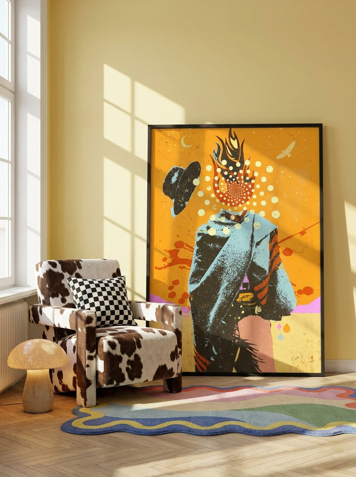 Oversized statement modern wall art print leaning against the wall in a colourful eclectic dining room