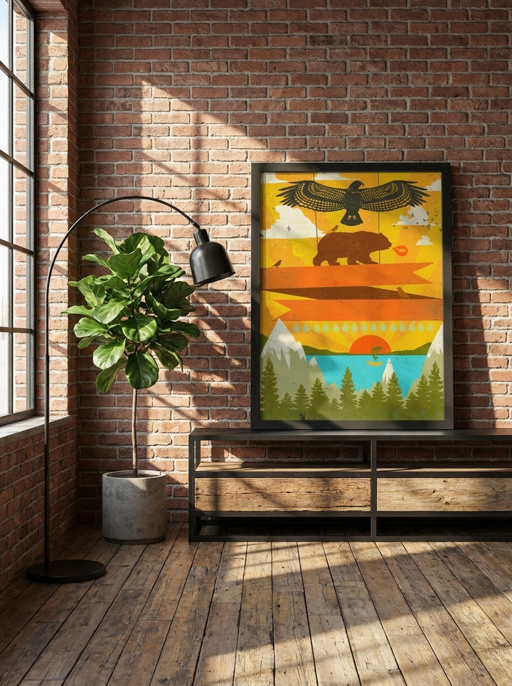 Modern wall art print standing on a console in an industrial loft living room