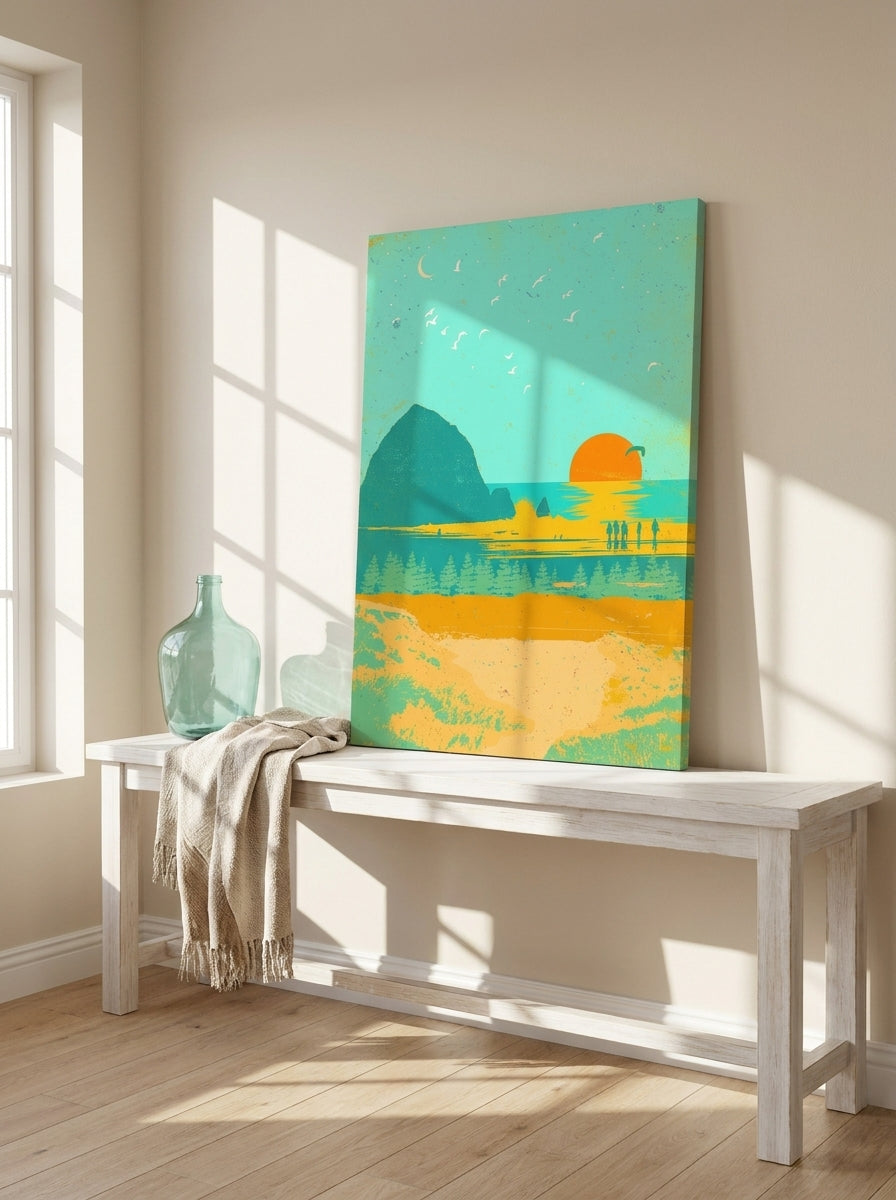 Stretched canvas wall art standing on a console in a coastal dining room
