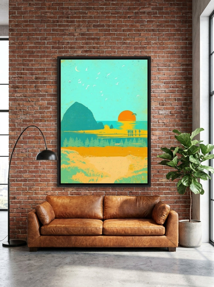 Oversized statement canvas wall art with a black surround styled on the wall in an industrial loft living room