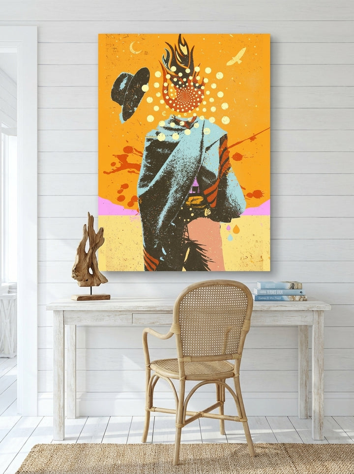 Stretched canvas wall art styled on the wall in a coastal home office