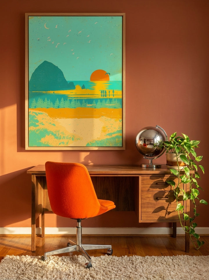 Modern wall art print styled on the wall in a retro 70s home office