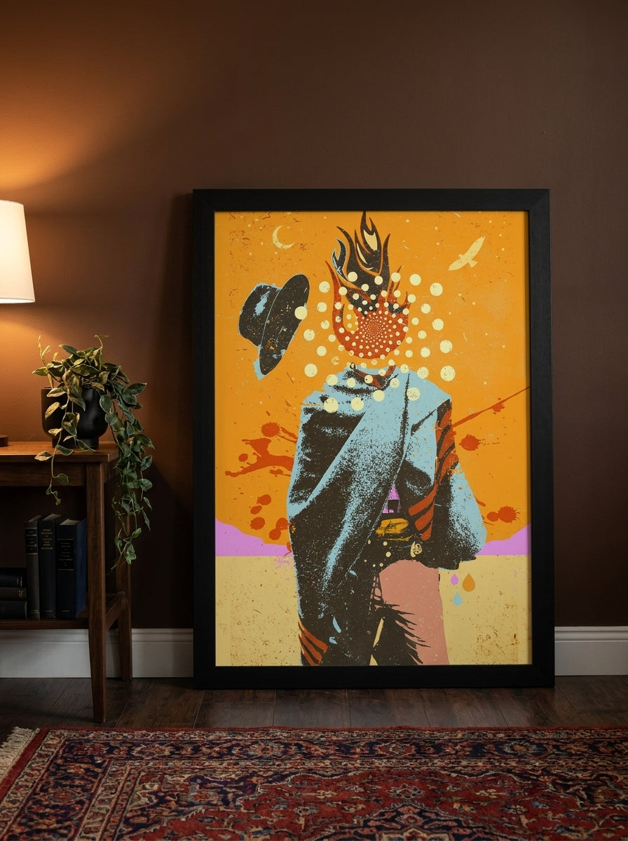 Oversized statement modern wall art print leaning against the wall in a moody living room