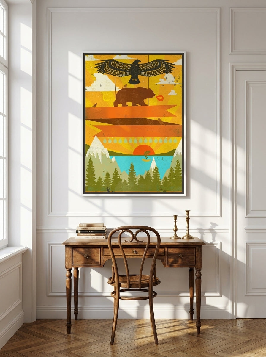 Canvas wall art with a white surround styled on the wall in a Parisian home office