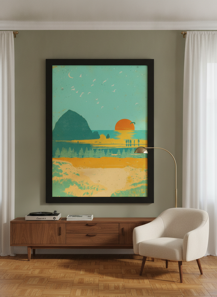 Oversized statement modern wall art print styled on the wall in a mid-century living room