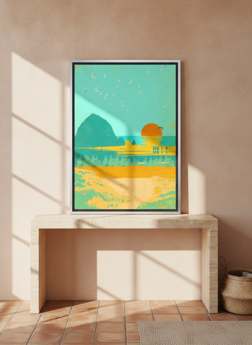 Canvas wall art with a silver leaf surround standing on a console in a Mediterranean home office