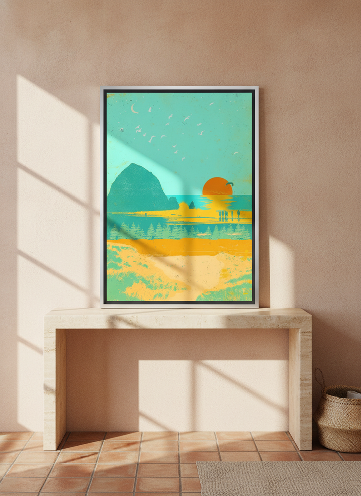 Canvas wall art with a silver leaf surround standing on a console in a Mediterranean home office