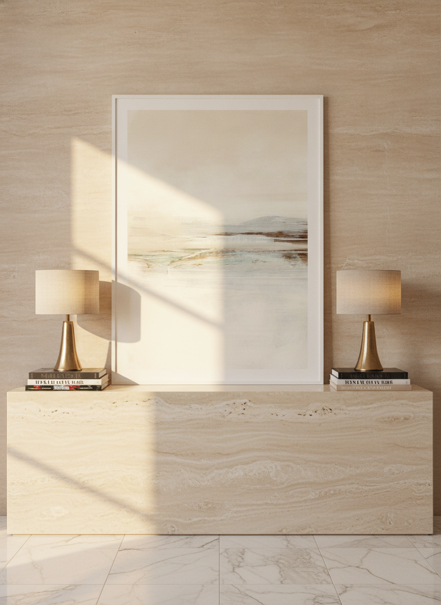 Modern wall art print standing on a console in a luxe bedroom