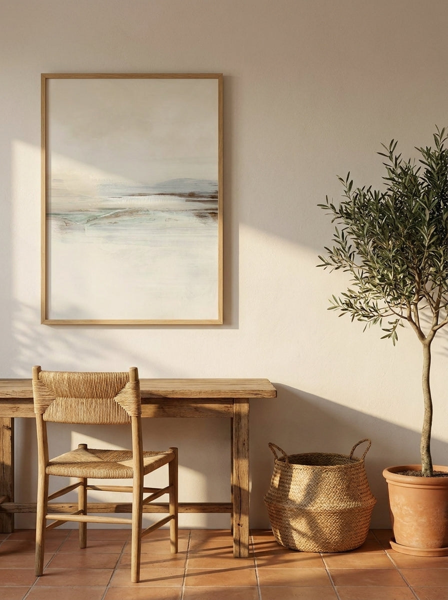 Modern wall art print styled on the wall in a Mediterranean home office
