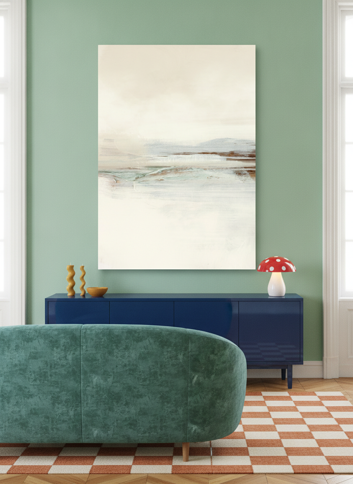 Stretched canvas wall art styled on the wall in a colourful eclectic living room