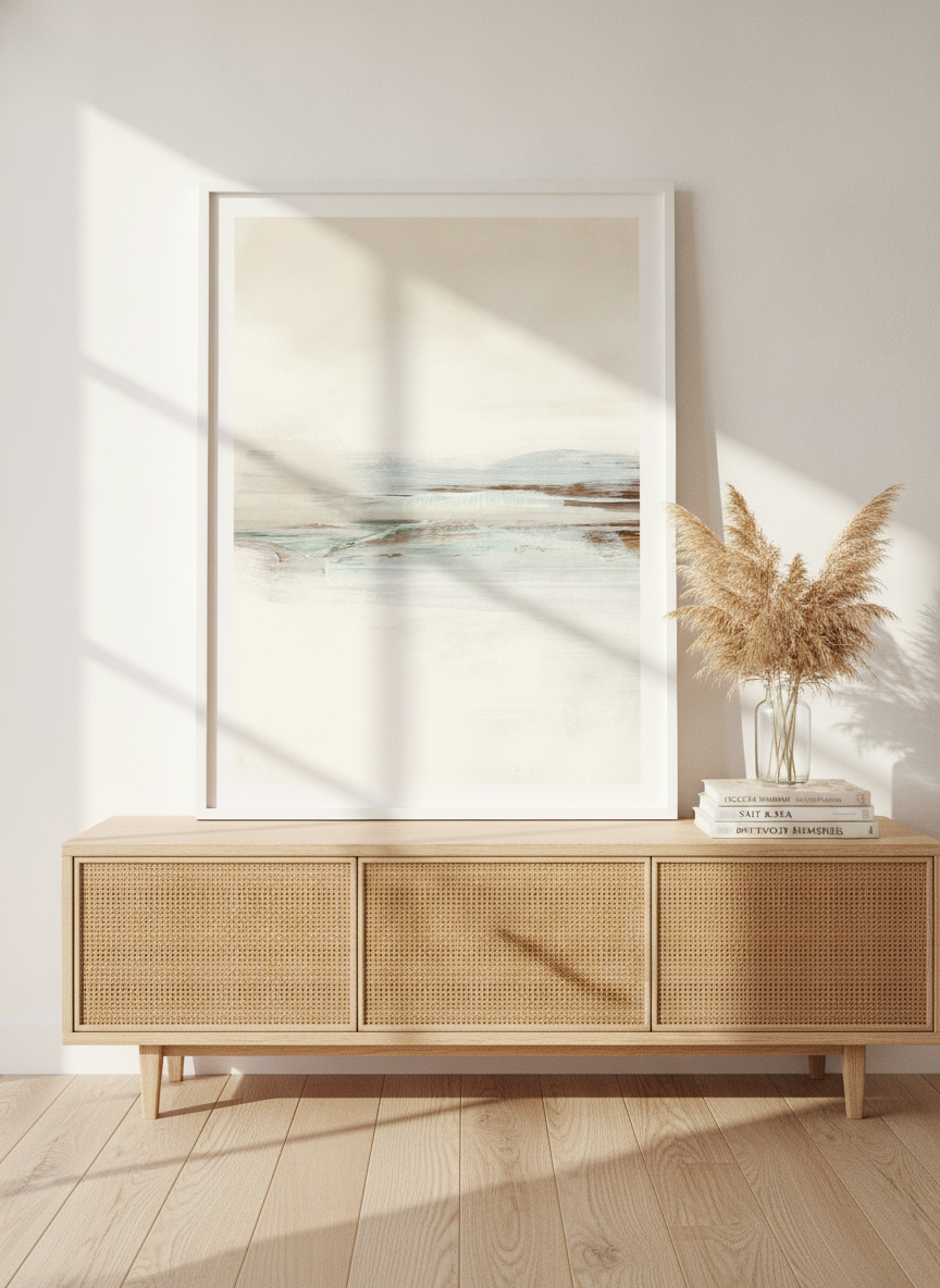 Modern wall art print standing on a sideboard in a coastal bathroom