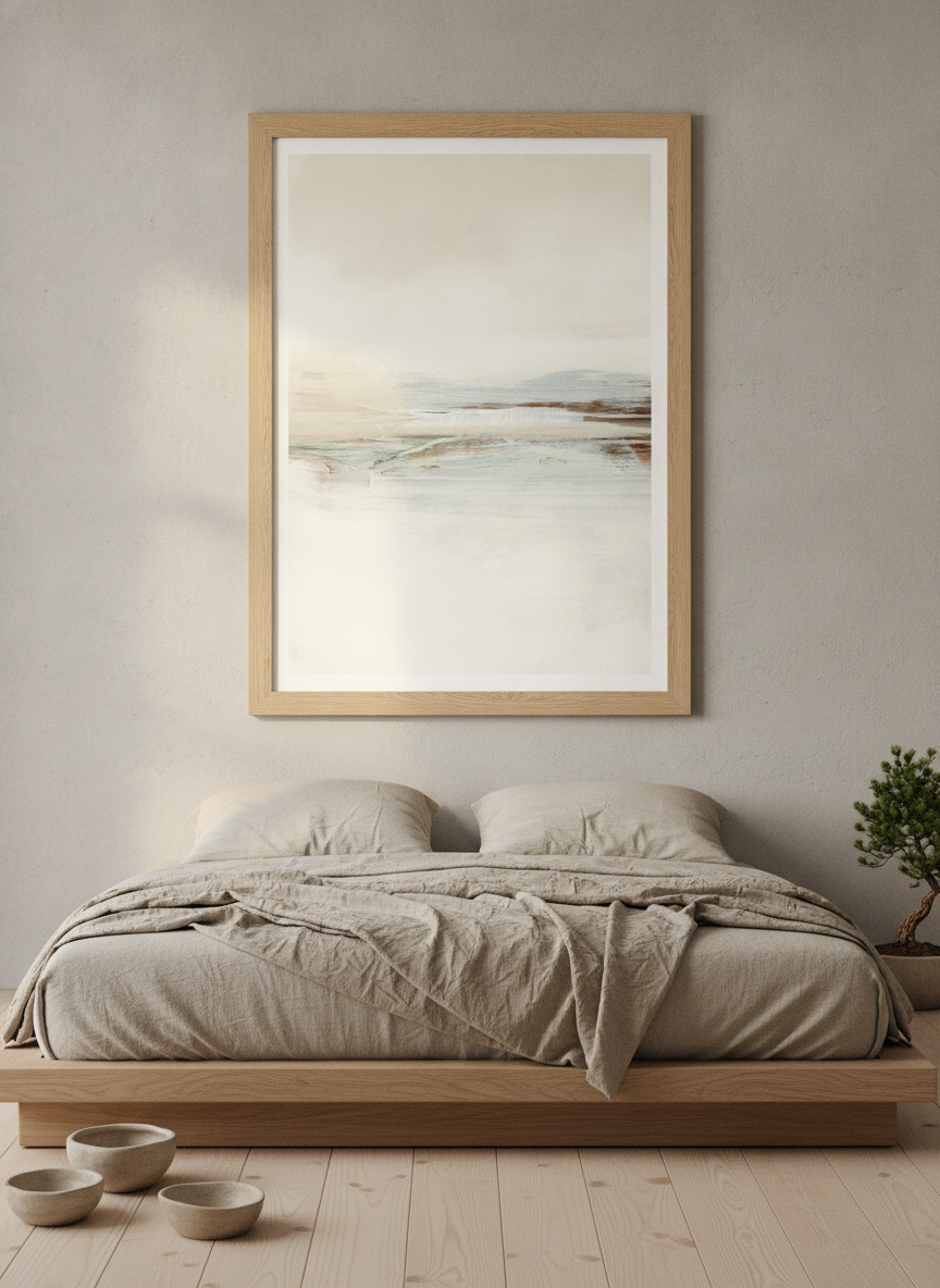 Modern wall art print styled on the wall in a warm Japandi bedroom