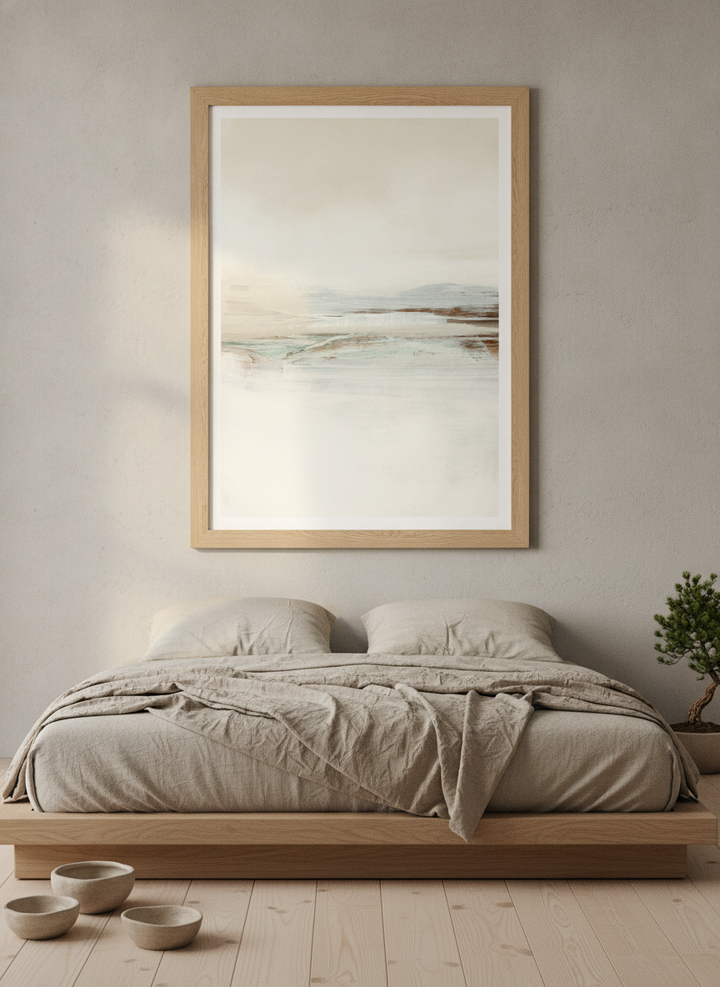 Modern wall art print styled on the wall in a warm Japandi bedroom