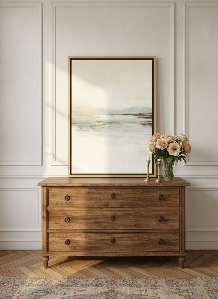 Canvas wall art with a natural timber surround standing on a sideboard in a Parisian bathroom