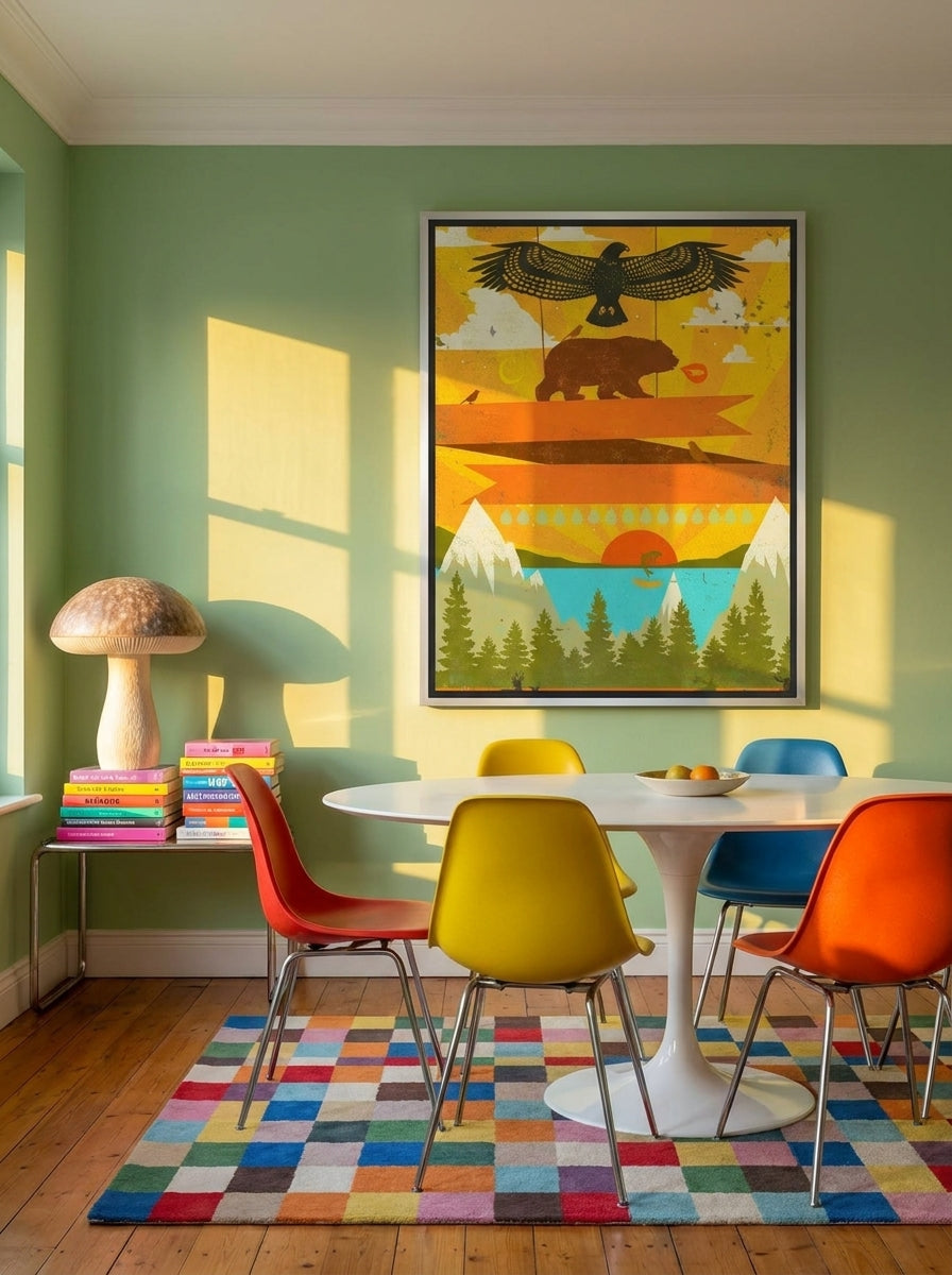 Oversized statement canvas wall art with a silver leaf surround styled on the wall in a colourful eclectic dining room