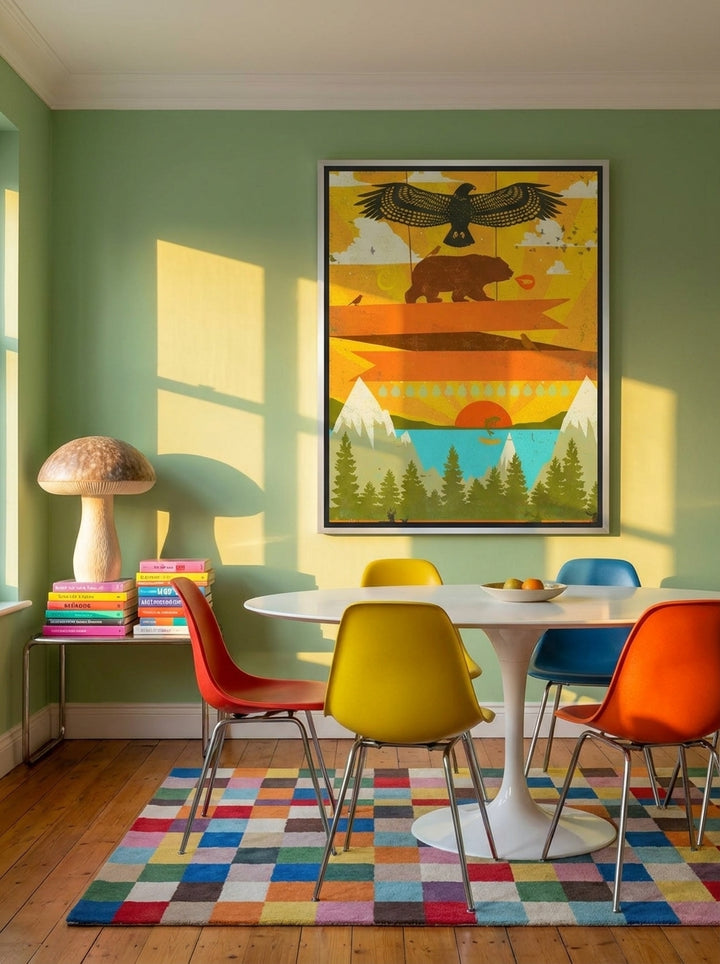 Oversized statement canvas wall art with a silver leaf surround styled on the wall in a colourful eclectic dining room