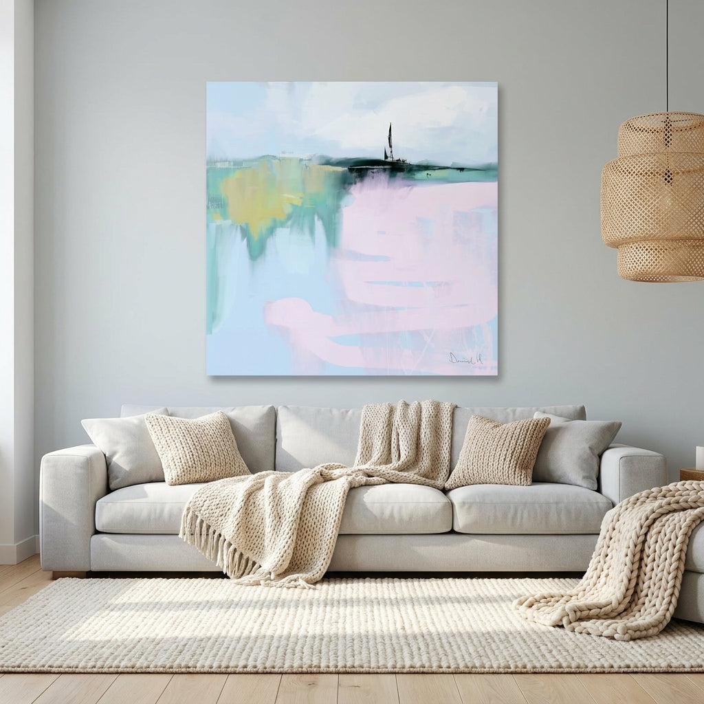 Stretched canvas wall art styled on the wall in a bright Scandinavian living room