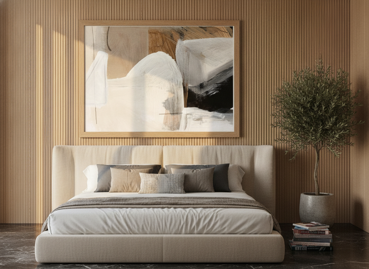Oversized statement modern wall art print styled on the wall in a luxe bedroom