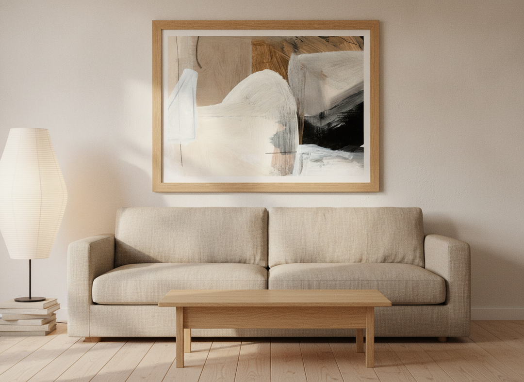 Modern wall art print styled on the wall in a warm Japandi living room