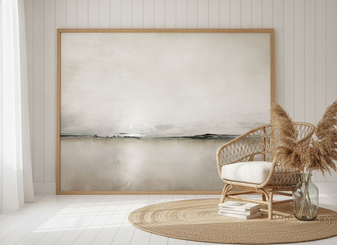 Oversized statement modern wall art print leaning against the wall in a coastal living room