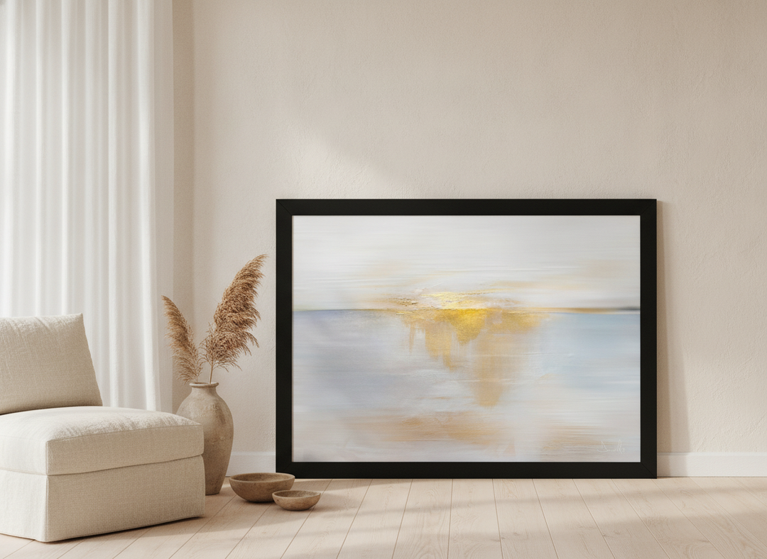 Modern wall art print leaning against the wall in a warm Japandi home office