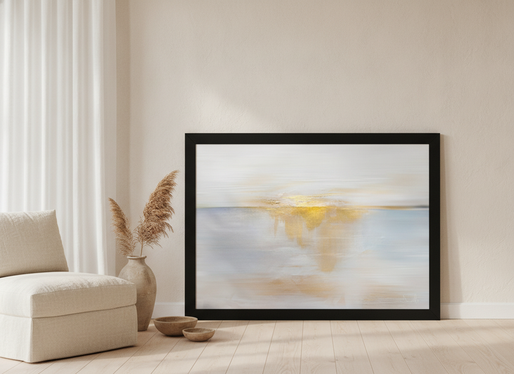 Modern wall art print leaning against the wall in a warm Japandi home office