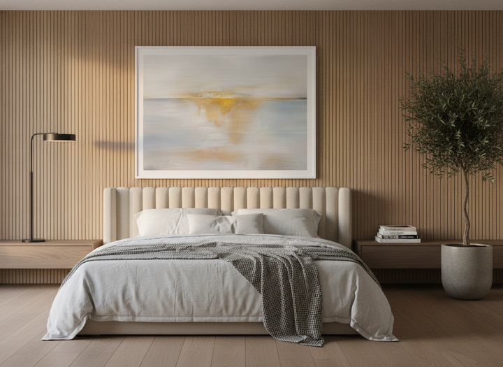 Oversized statement modern wall art print styled on the wall in a luxe bedroom