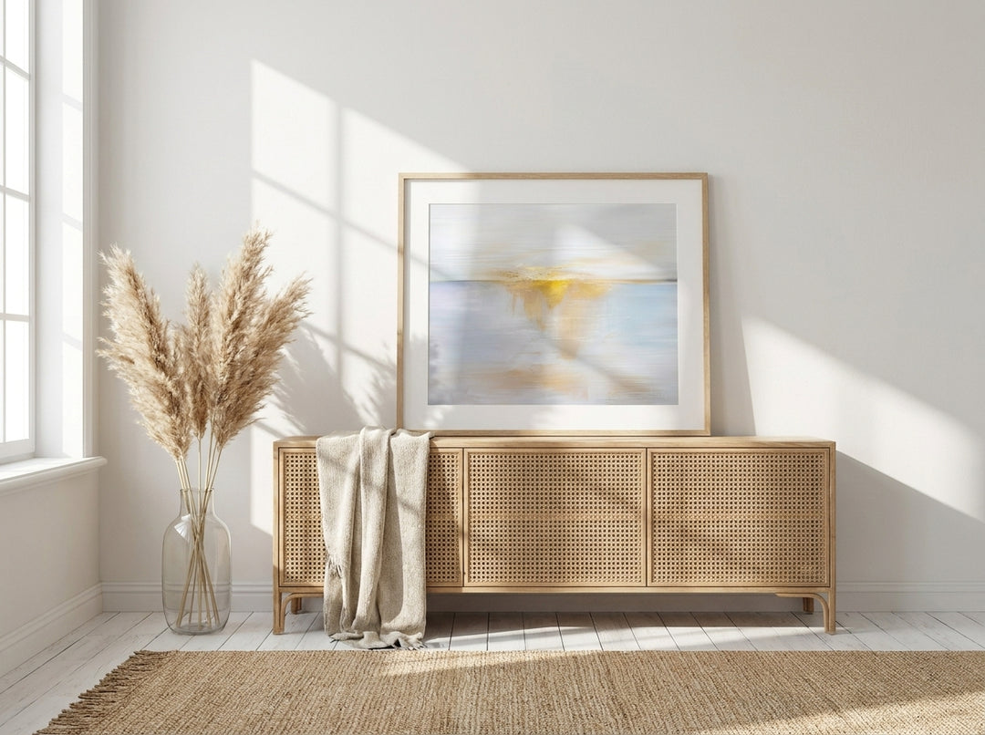 Modern wall art print standing on a sideboard in a coastal bedroom