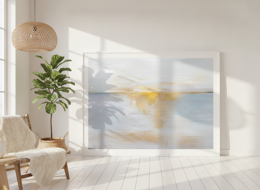 Oversized statement modern wall art print leaning against the wall in a bright Scandinavian living room