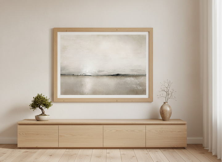 Modern wall art print styled on the wall in a warm Japandi living room
