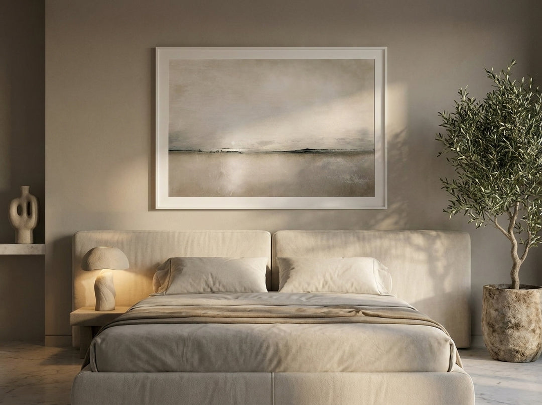 Modern wall art print styled on the wall in a luxe bedroom
