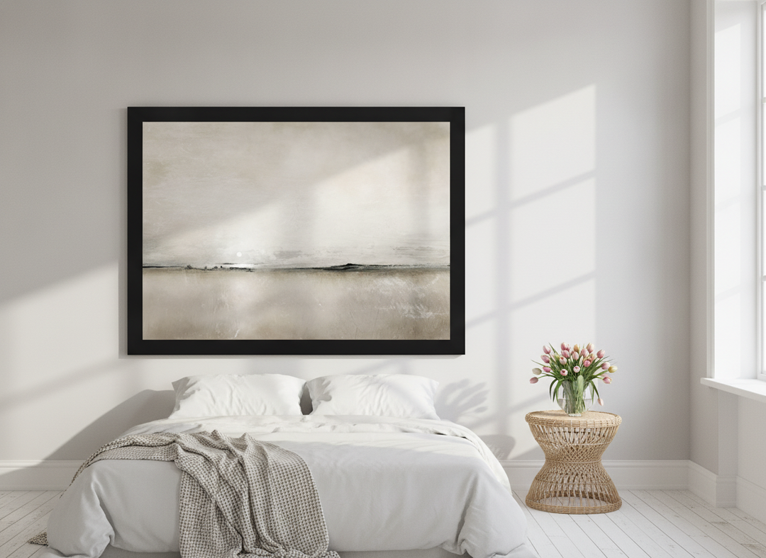 Oversized statement modern wall art print styled on the wall in a bright Scandinavian bedroom