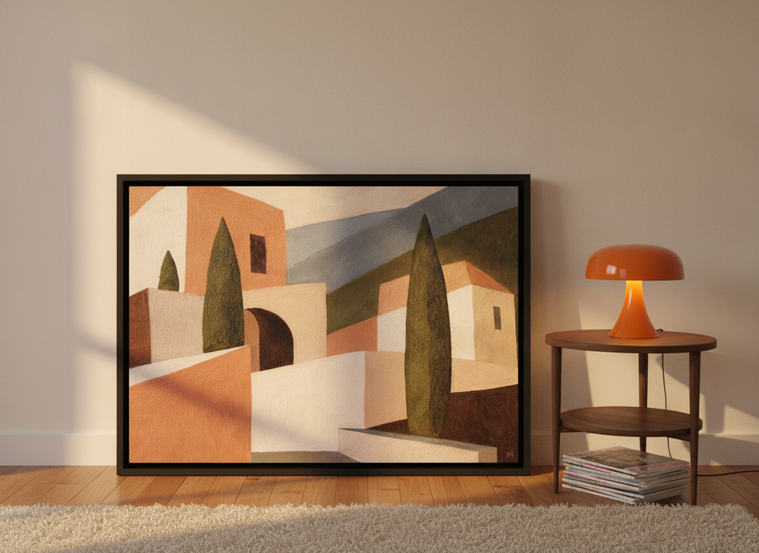 Canvas wall art with a black surround leaning against the wall in a retro 70s bedroom
