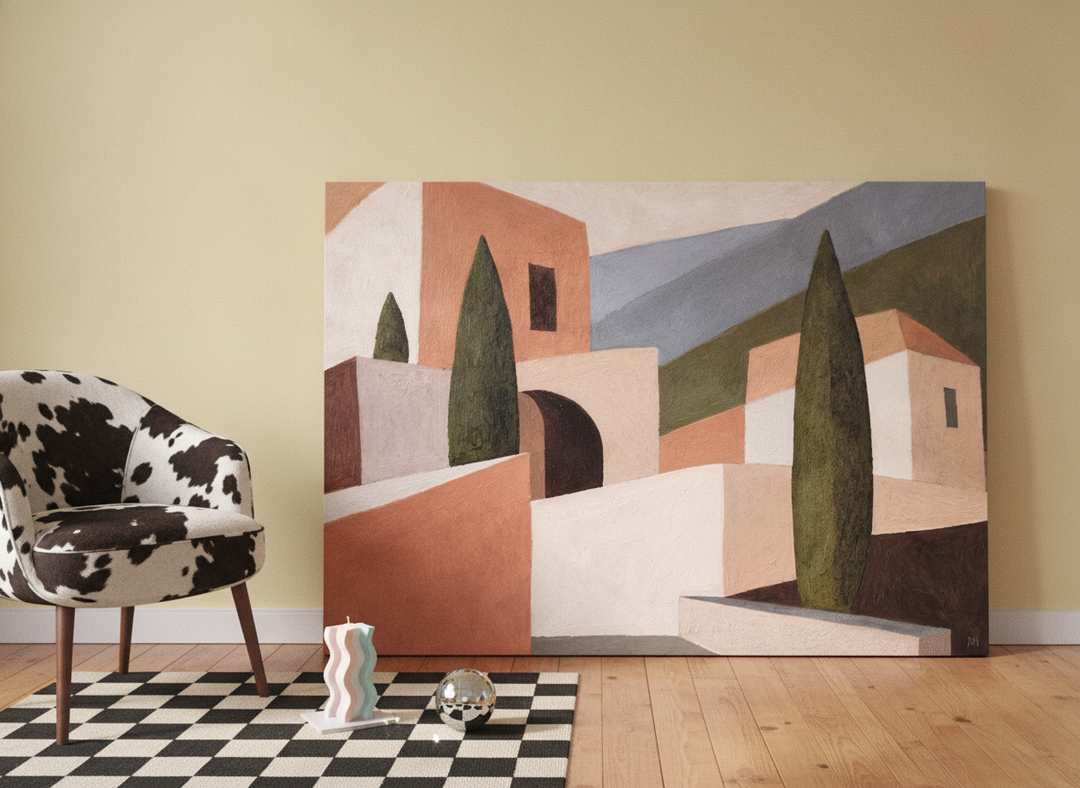Stretched canvas wall art leaning against the wall in a colourful eclectic dining room