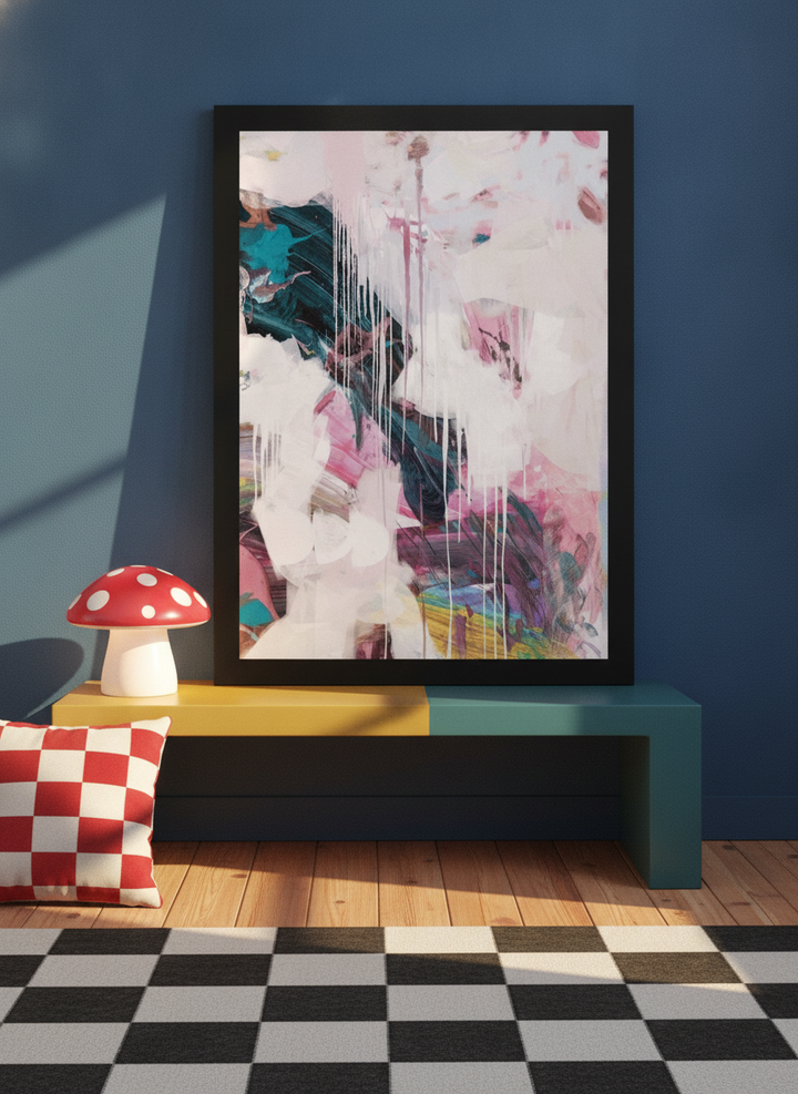 Modern wall art print standing on a side table in a colourful eclectic bedroom
