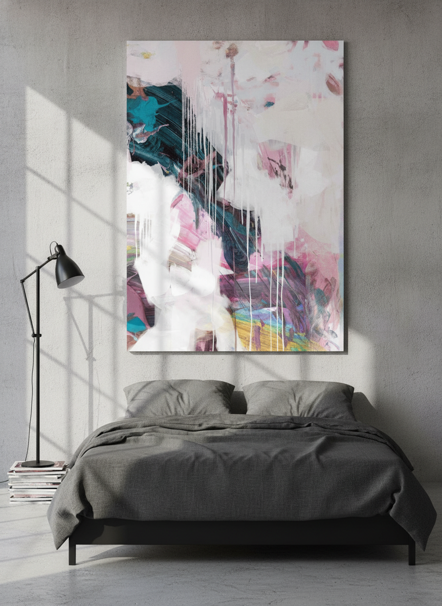 Stretched canvas wall art styled on the wall in an industrial loft bedroom