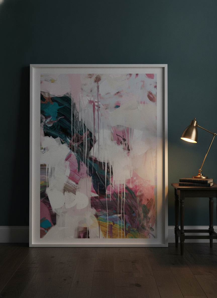 Oversized statement modern wall art print leaning against the wall in a moody living room