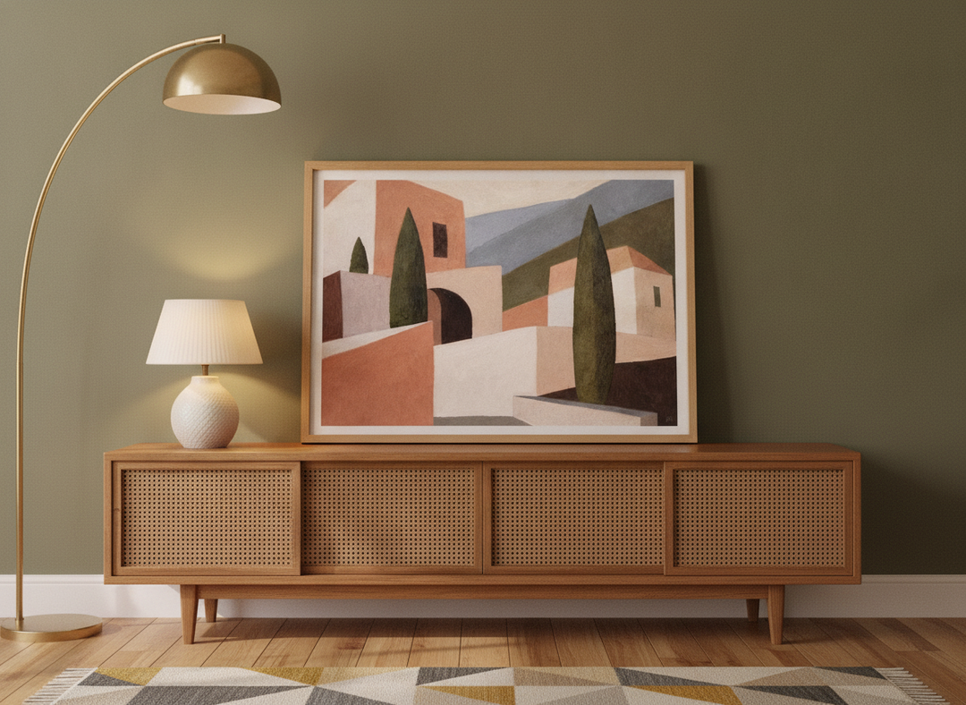 Modern wall art print standing on a sideboard in a mid-century bedroom