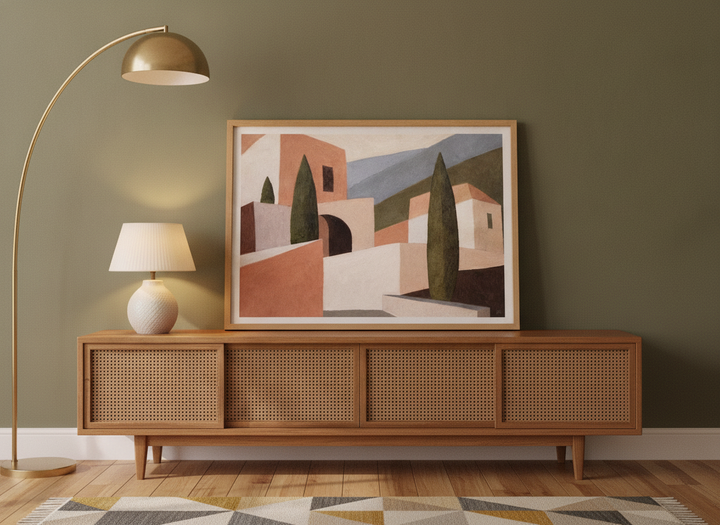 Modern wall art print standing on a sideboard in a mid-century bedroom