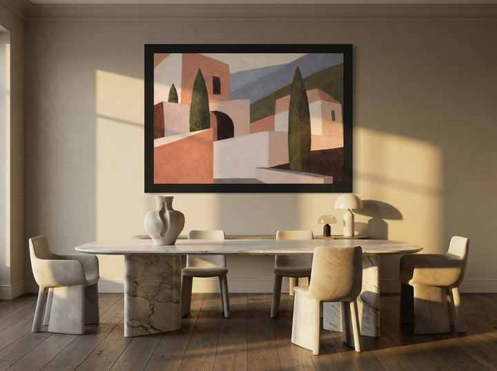 Oversized statement modern wall art print styled on the wall in a luxe dining room