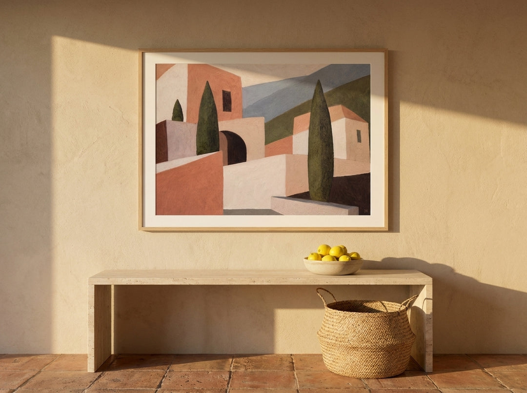 Modern wall art print styled on the wall in a Mediterranean living room
